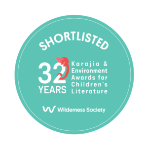 Circular teal award badge: 'Shortlisted' with '32 Years' for Karajia & Environment Awards for Children's Literature, Wilderness Society.